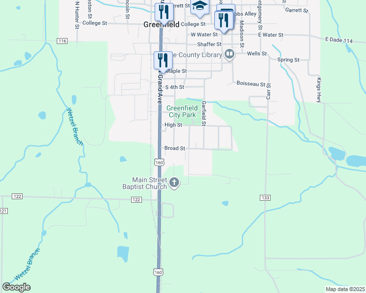 map of restaurants, bars, coffee shops, grocery stores, and more near 504 Broad Street in Greenfield