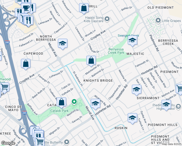 map of restaurants, bars, coffee shops, grocery stores, and more near 3061 Balmoral Drive in San Jose