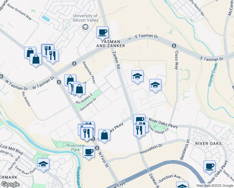 map of restaurants, bars, coffee shops, grocery stores, and more near 150 Alicante Drive in San Jose
