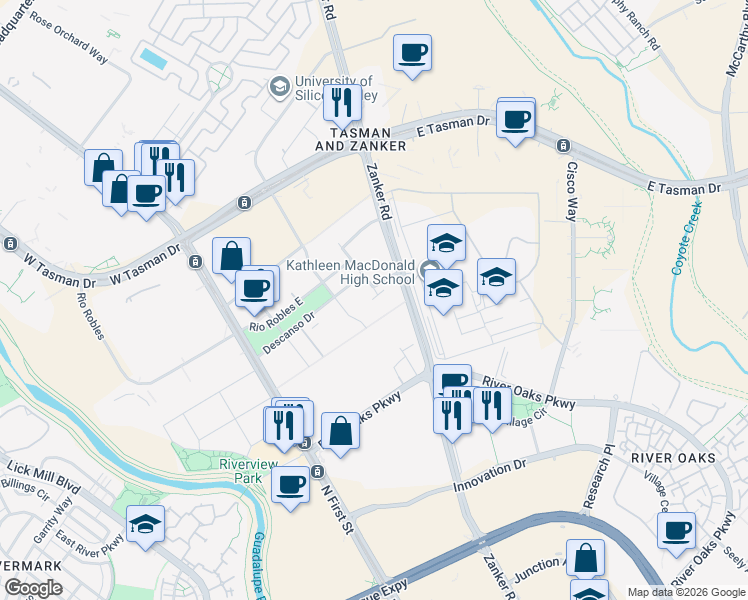 map of restaurants, bars, coffee shops, grocery stores, and more near 150 Alicante Drive in San Jose