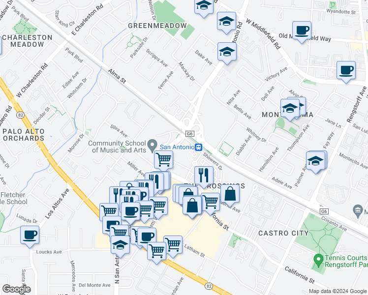 map of restaurants, bars, coffee shops, grocery stores, and more near 201 San Antonio Circle in Mountain View