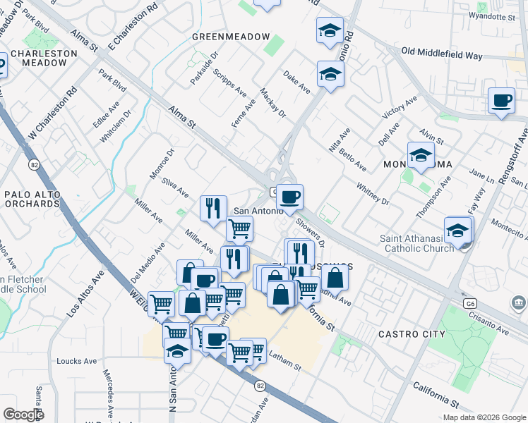 map of restaurants, bars, coffee shops, grocery stores, and more near 201 San Antonio Circle in Mountain View