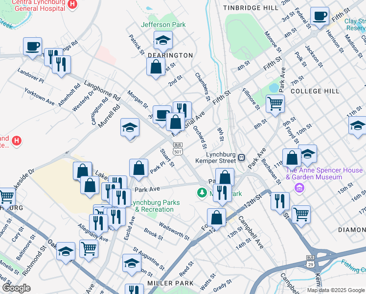 map of restaurants, bars, coffee shops, grocery stores, and more near 2025 Rose Lane in Lynchburg