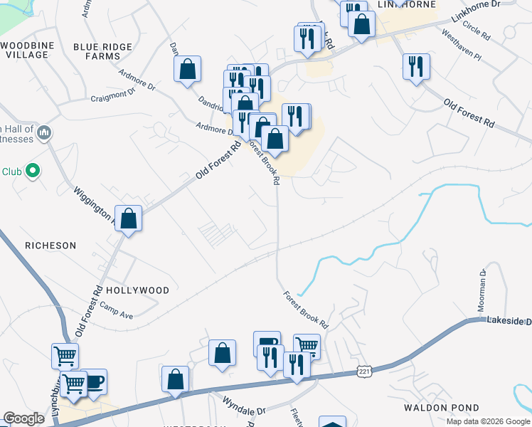 map of restaurants, bars, coffee shops, grocery stores, and more near 135 Holmes Circle in Lynchburg
