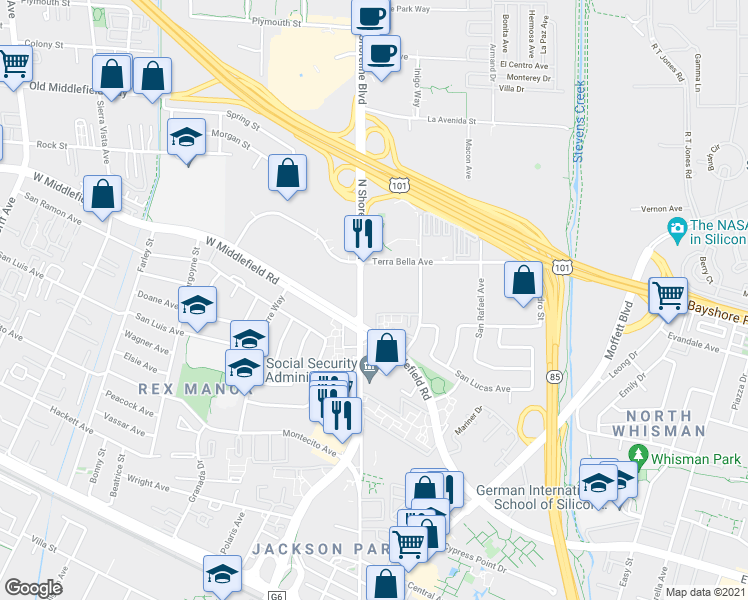 map of restaurants, bars, coffee shops, grocery stores, and more near 883 North Shoreline Boulevard in Mountain View