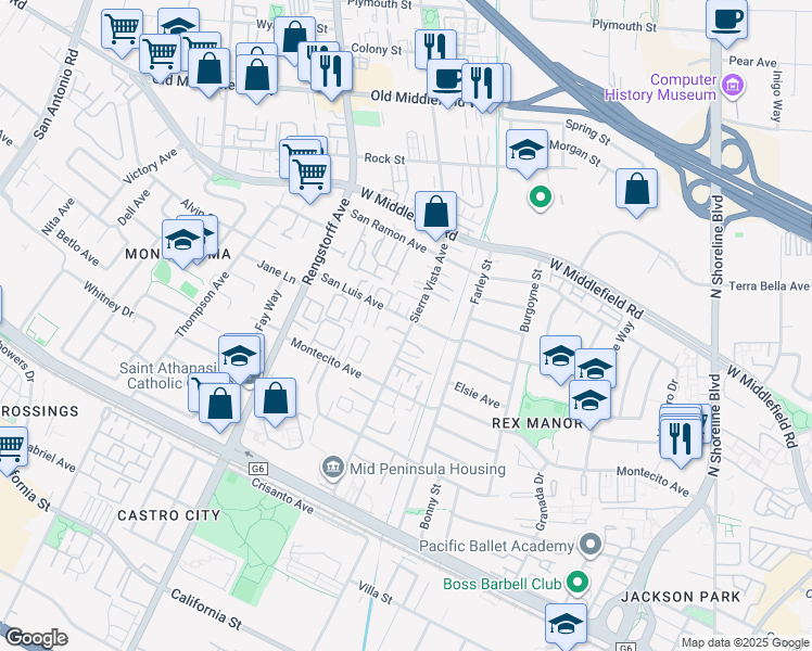map of restaurants, bars, coffee shops, grocery stores, and more near 2 Sierra Vista Avenue in Mountain View