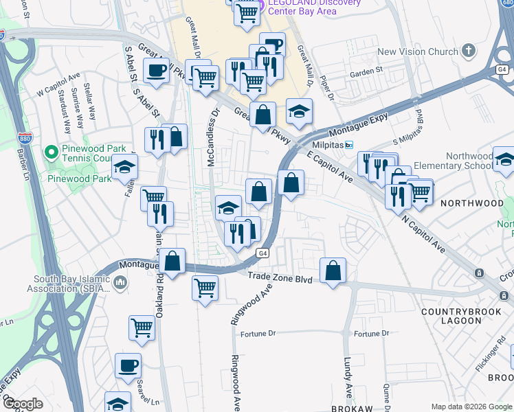 map of restaurants, bars, coffee shops, grocery stores, and more near 361 Montague Expressway in Milpitas