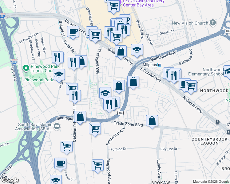 map of restaurants, bars, coffee shops, grocery stores, and more near 1729 Hazelnut Lane in Milpitas