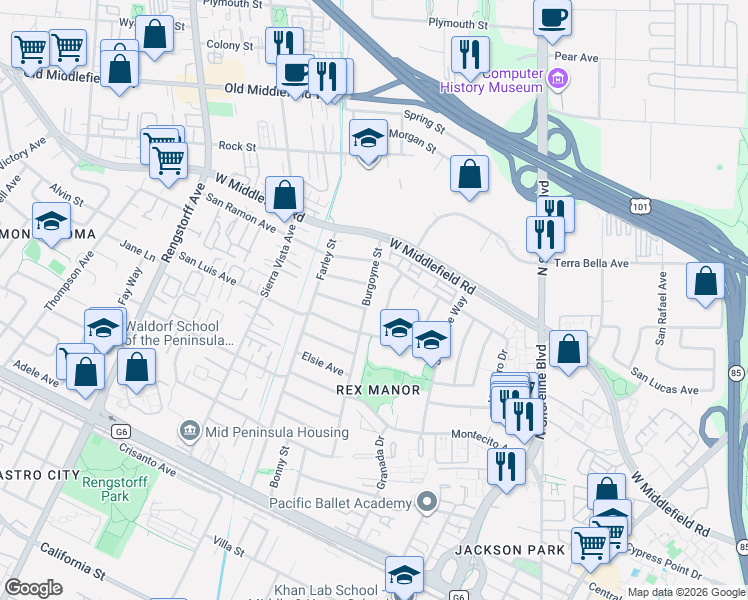 map of restaurants, bars, coffee shops, grocery stores, and more near 920 East San Marcos Circle in Mountain View