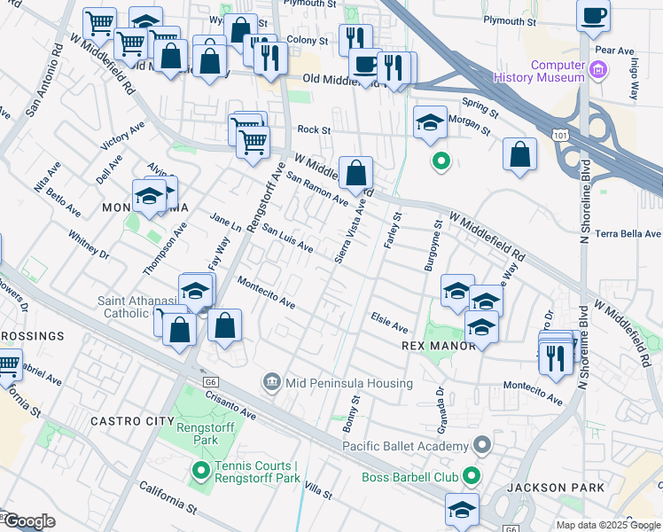 map of restaurants, bars, coffee shops, grocery stores, and more near 2 Sierra Vista Avenue in Mountain View