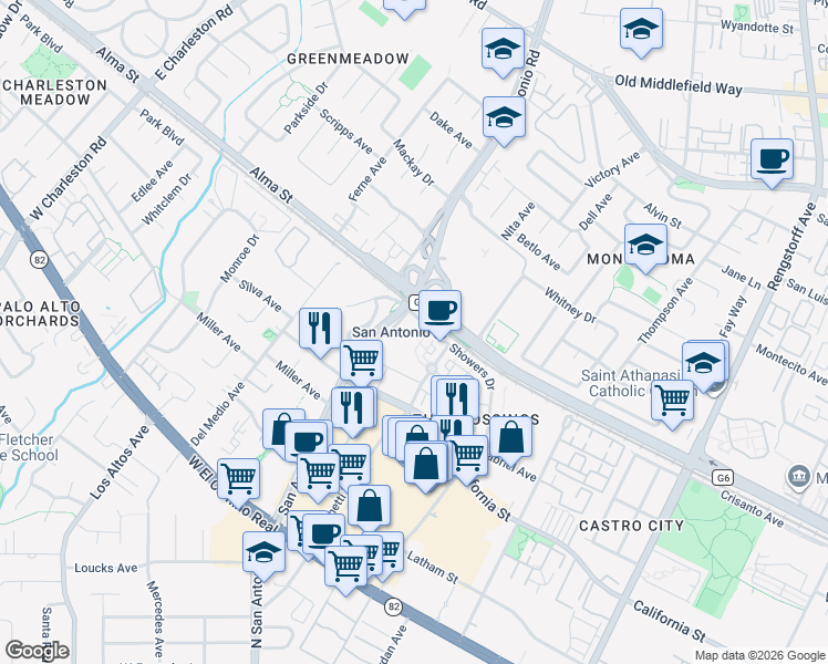 map of restaurants, bars, coffee shops, grocery stores, and more near in Mountain View