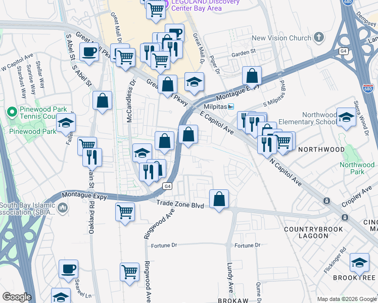 map of restaurants, bars, coffee shops, grocery stores, and more near 309 Sango Court in Milpitas