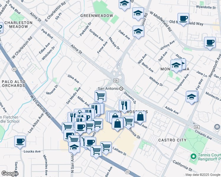 map of restaurants, bars, coffee shops, grocery stores, and more near 201 San Antonio Circle in Mountain View