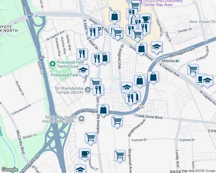map of restaurants, bars, coffee shops, grocery stores, and more near 81 Mihalakis Drive in Milpitas
