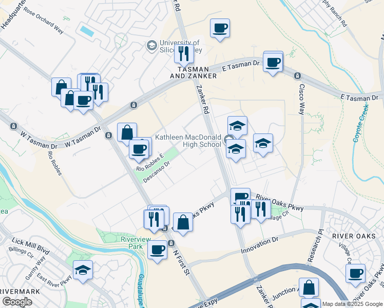map of restaurants, bars, coffee shops, grocery stores, and more near 130 Descanso Drive in San Jose