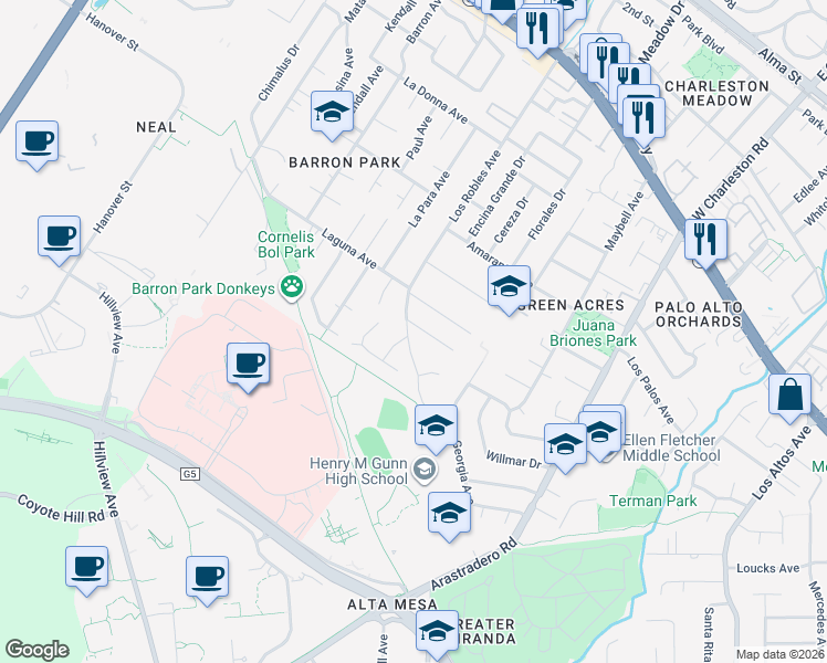 map of restaurants, bars, coffee shops, grocery stores, and more near 4000 Manzana Lane in Palo Alto