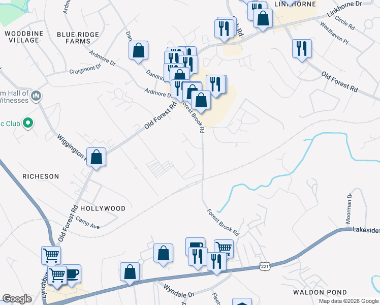map of restaurants, bars, coffee shops, grocery stores, and more near 135 Holmes Circle in Lynchburg