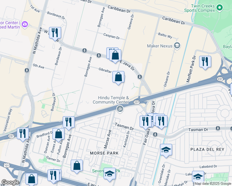 map of restaurants, bars, coffee shops, grocery stores, and more near 244 Humboldt Court in Sunnyvale