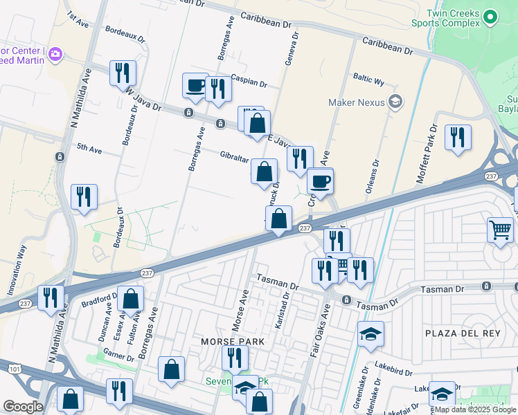 map of restaurants, bars, coffee shops, grocery stores, and more near 244 Humboldt Court in Sunnyvale