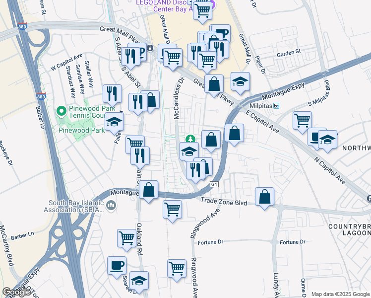 map of restaurants, bars, coffee shops, grocery stores, and more near 1690 McCandless Drive in Milpitas