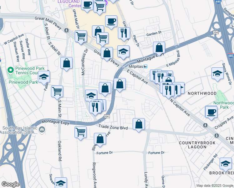 map of restaurants, bars, coffee shops, grocery stores, and more near 309 Sango Court in Milpitas