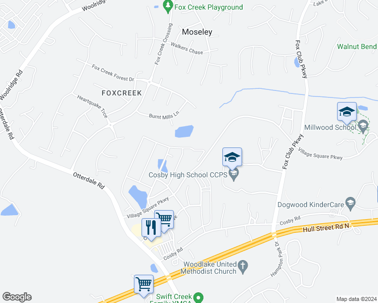 map of restaurants, bars, coffee shops, grocery stores, and more near 6601 Citory Way in Moseley