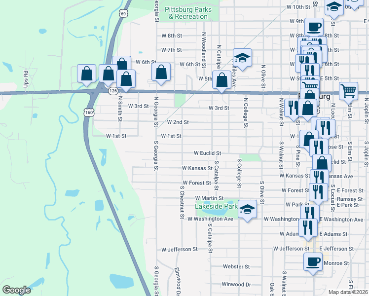 map of restaurants, bars, coffee shops, grocery stores, and more near 700-798 West Euclid Street in Pittsburg