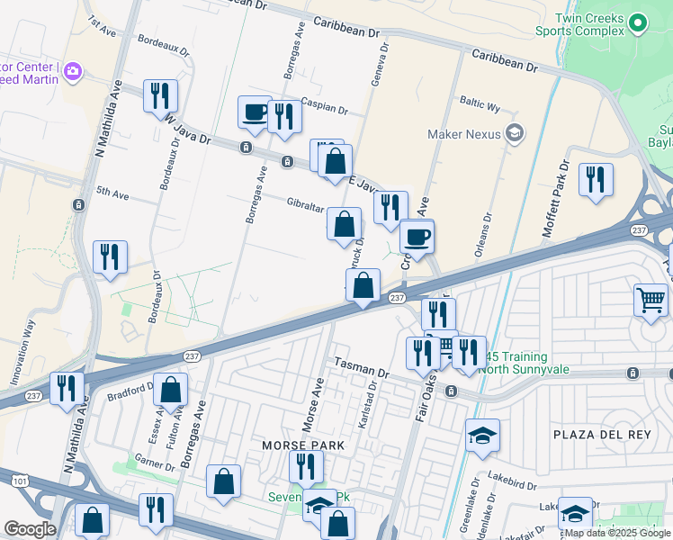 map of restaurants, bars, coffee shops, grocery stores, and more near 1221 Innsbruck Drive in Sunnyvale