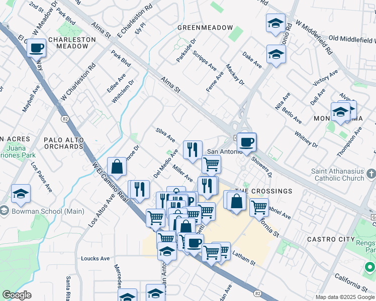 map of restaurants, bars, coffee shops, grocery stores, and more near 2650 California Street in Mountain View