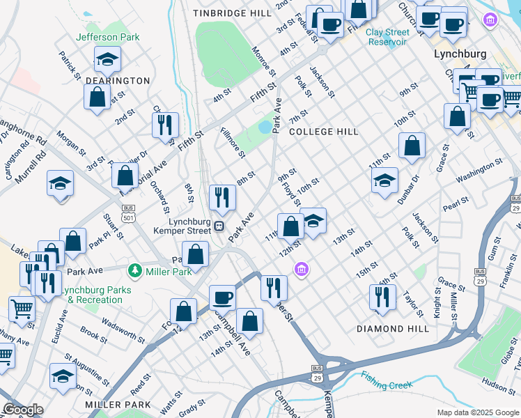 map of restaurants, bars, coffee shops, grocery stores, and more near 1600 Park Avenue in Lynchburg