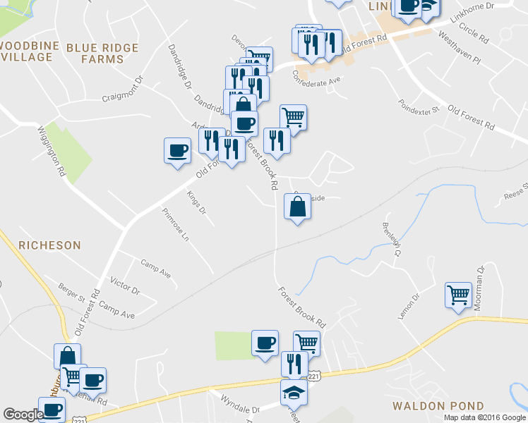 map of restaurants, bars, coffee shops, grocery stores, and more near 135 Holmes Circle in Lynchburg