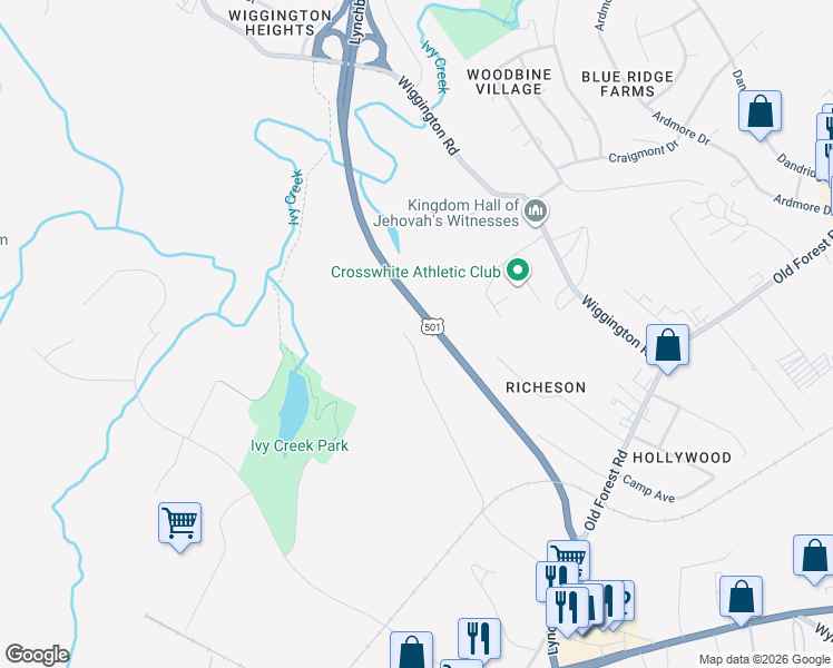map of restaurants, bars, coffee shops, grocery stores, and more near 229-299 Chapel Lane in Lynchburg