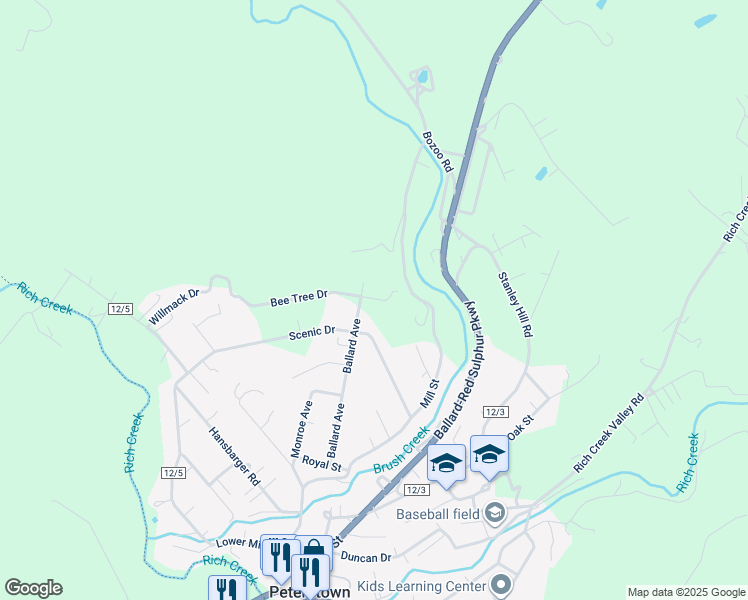 map of restaurants, bars, coffee shops, grocery stores, and more near Beechtree Street in Peterstown