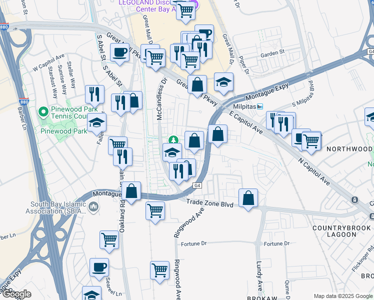 map of restaurants, bars, coffee shops, grocery stores, and more near 1729 Hazelnut Lane in Milpitas