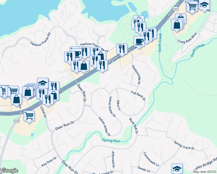 map of restaurants, bars, coffee shops, grocery stores, and more near 13607 Velvet Antler Place in Midlothian