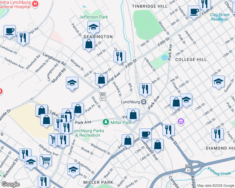 map of restaurants, bars, coffee shops, grocery stores, and more near 2902 Langhorne Road in Lynchburg
