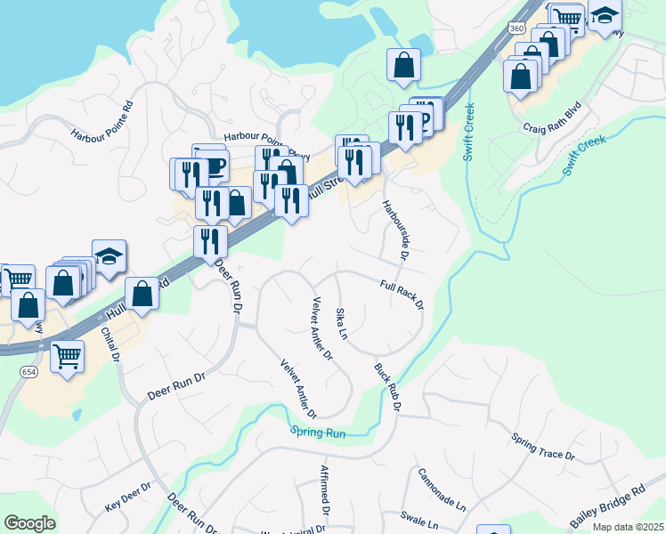 map of restaurants, bars, coffee shops, grocery stores, and more near 7260 Full Rack Drive in Midlothian