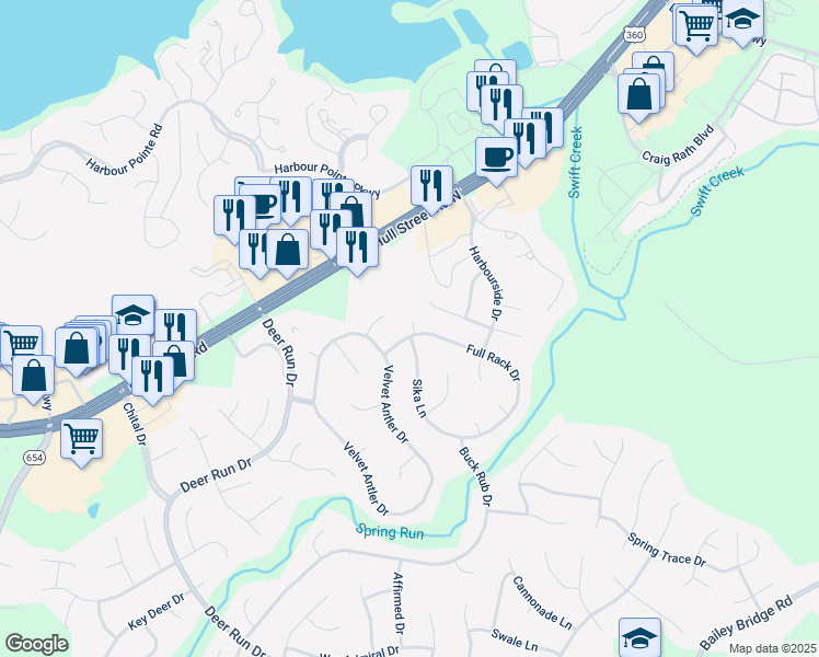 map of restaurants, bars, coffee shops, grocery stores, and more near 7260 Full Rack Drive in Midlothian