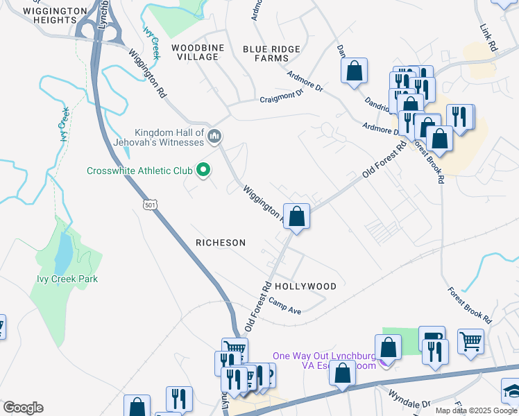 map of restaurants, bars, coffee shops, grocery stores, and more near 125 Wiggington Road in Lynchburg