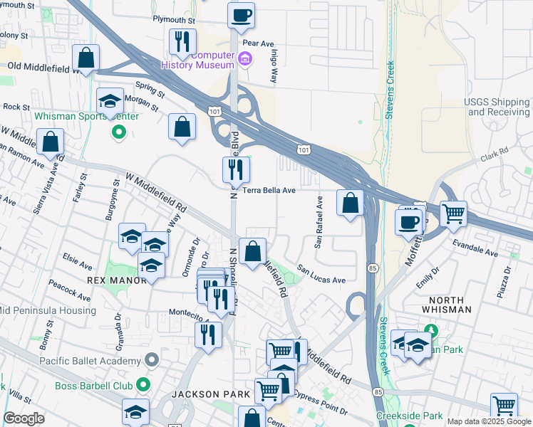 map of restaurants, bars, coffee shops, grocery stores, and more near 960 Linda Vista Avenue in Mountain View