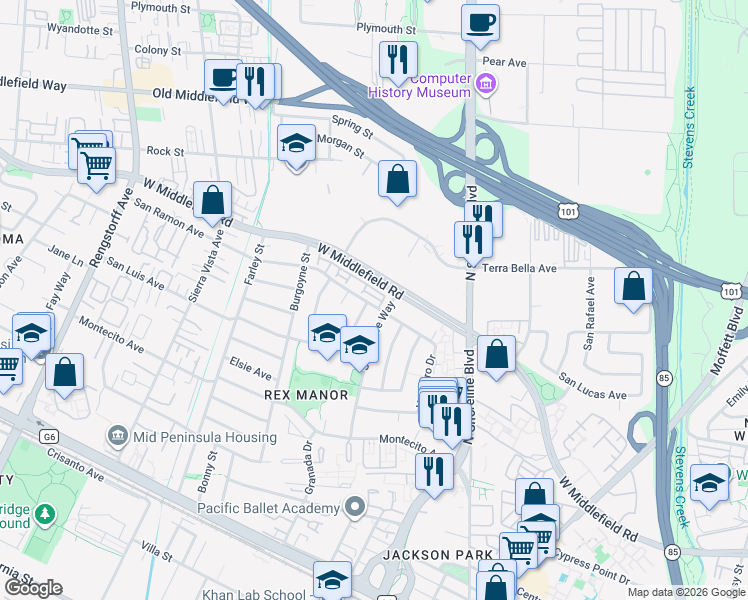 map of restaurants, bars, coffee shops, grocery stores, and more near 980 San Pierre Way in Mountain View
