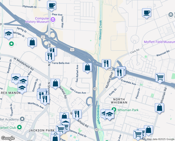 map of restaurants, bars, coffee shops, grocery stores, and more near 922 San leandro Street in Mountain View