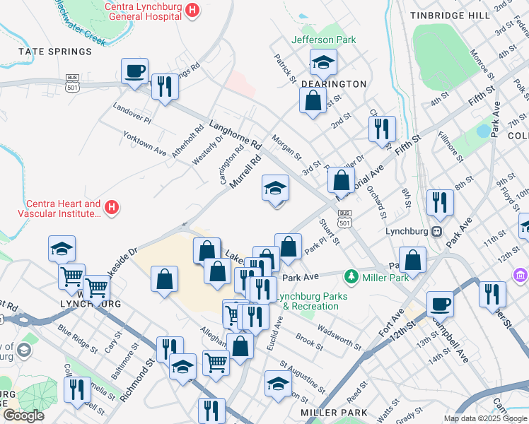 map of restaurants, bars, coffee shops, grocery stores, and more near 2111 Memorial Avenue in Lynchburg