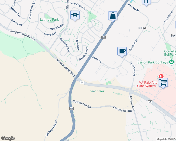 map of restaurants, bars, coffee shops, grocery stores, and more near 1801 Page Mill Road in Palo Alto