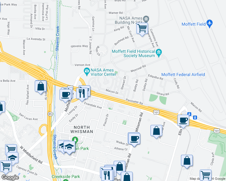 map of restaurants, bars, coffee shops, grocery stores, and more near 768 Macon Drive in Mountain View