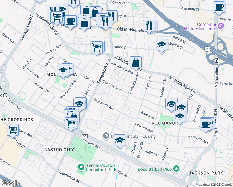 map of restaurants, bars, coffee shops, grocery stores, and more near 328 Marquetta Circle in Mountain View