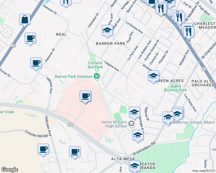 map of restaurants, bars, coffee shops, grocery stores, and more near 1070 McGregor Way in Palo Alto