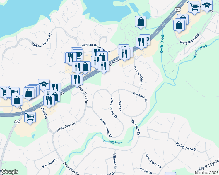 map of restaurants, bars, coffee shops, grocery stores, and more near 13607 Velvet Antler Place in Midlothian
