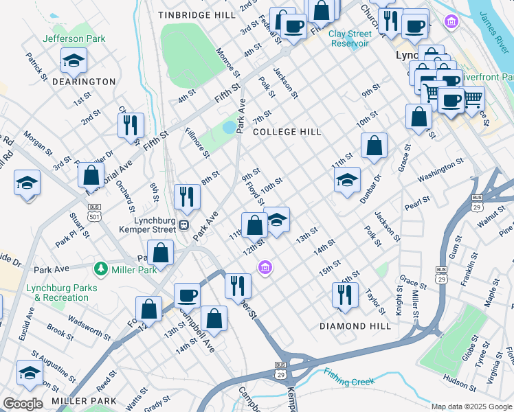 map of restaurants, bars, coffee shops, grocery stores, and more near 1021 Floyd Street in Lynchburg