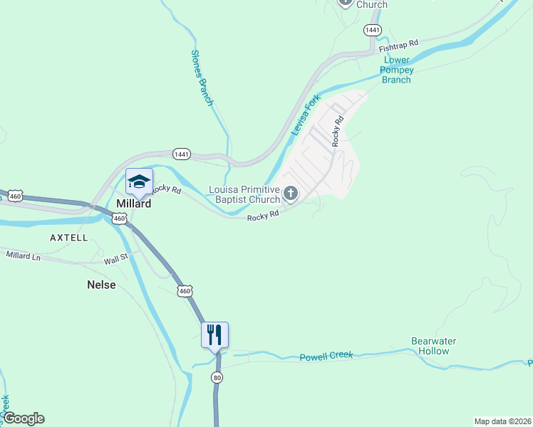 map of restaurants, bars, coffee shops, grocery stores, and more near 315-549 Rocky Road in Pikeville